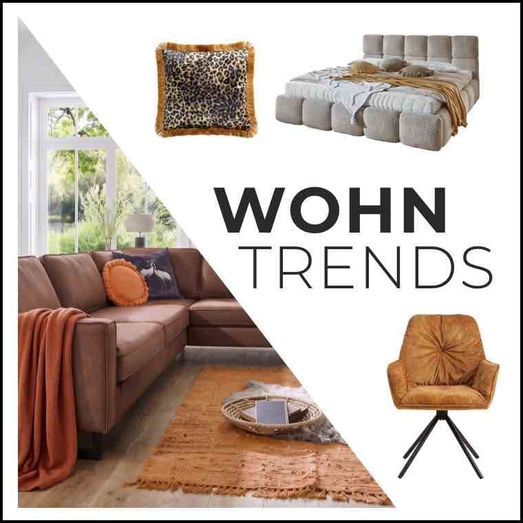 WOHN TRENDS – Collage mit Sofa, Kissen, Bett und Sessel in warmen Erdtönen für modernes Wohnzimmer