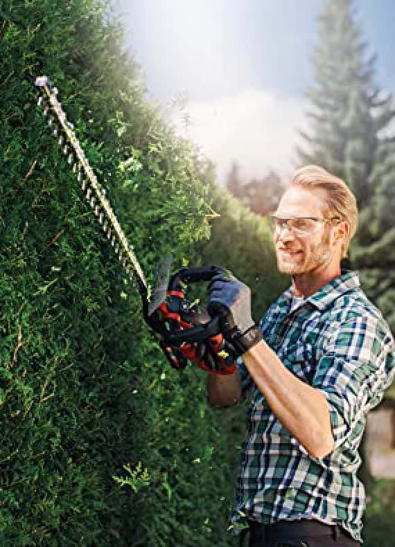 Mann in kariertem Hemd schneidet mit Heckenschere grüne Hecke im Garten.