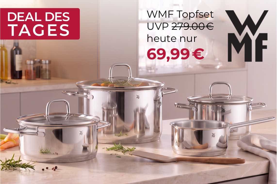 Deal des Tages – WMF Topfset für 69,99 € statt 279 € auf Küchenarbeitsplatte mit vier Töpfen und Pfanne