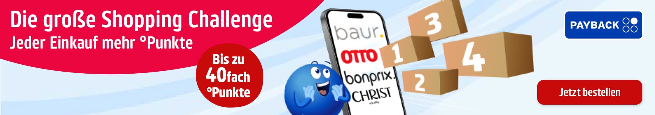 Die große Shopping Challenge – bis zu 40fach PAYBACK Punkte, Handy mit Shops und Kartons, Button „Jetzt bestellen“