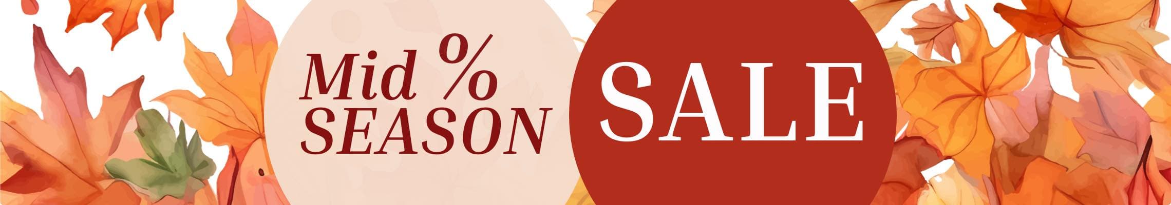 Mid Season Sale – roter Kreis mit Prozentzeichen, umgeben von bunten Herbstblättern