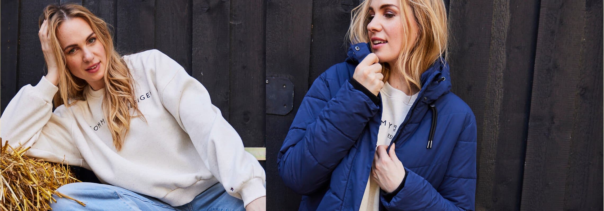 Frau in hellem Sweatshirt und blauer Steppjacke, einmal sitzend auf Stroh, einmal stehend vor dunkler Holzwand