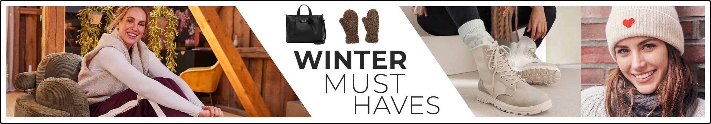 Winter Must Haves – Frau entspannt im Sessel, Winterstiefel, Tasche, Fäustlinge und lächelnde Frau mit Mütze mit Herz