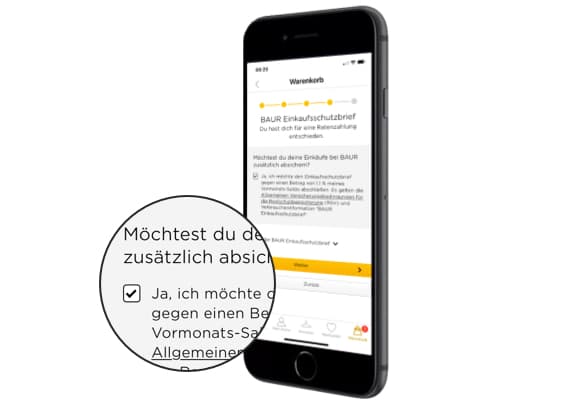 Smartphone zeigt Warenkorb-Seite der BAUR-App