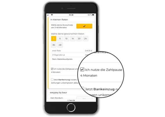 In kleinen Raten – Auswahl an Ratenoptionen auf Smartphonebildschirm, Fokus auf "Ich nutze die Zahlpause 4 Monaten"