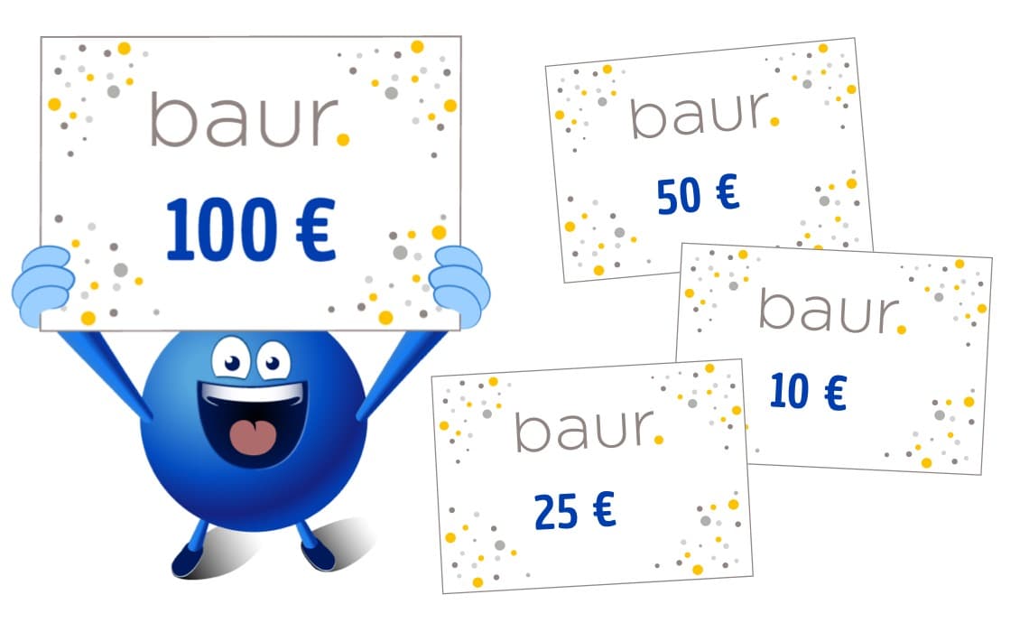 100 € Baur Gutschein – PAYBACK Pointi hält den Gutschein, daneben 50 €, 25 € und 10 € Baur Gutscheine
