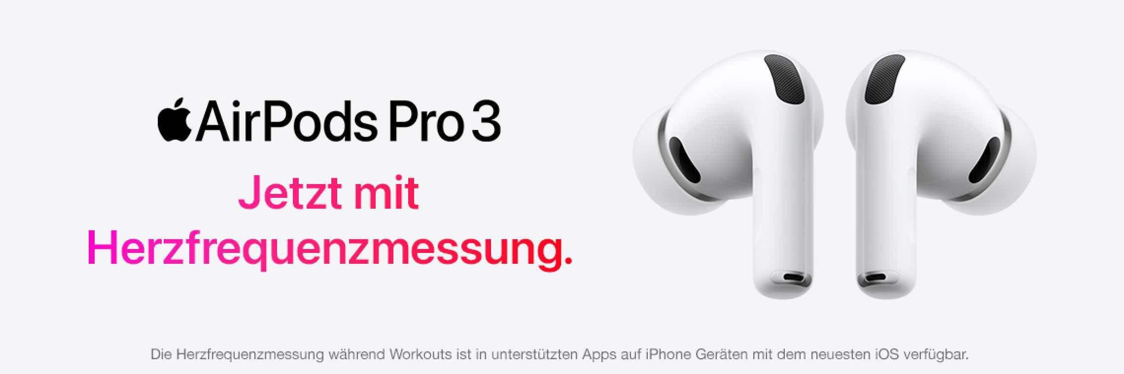 AirPods Pro 3 – Jetzt mit Herzfrequenzmessung. Zwei weiße kabellose Ohrhörer auf grauem Hintergrund.