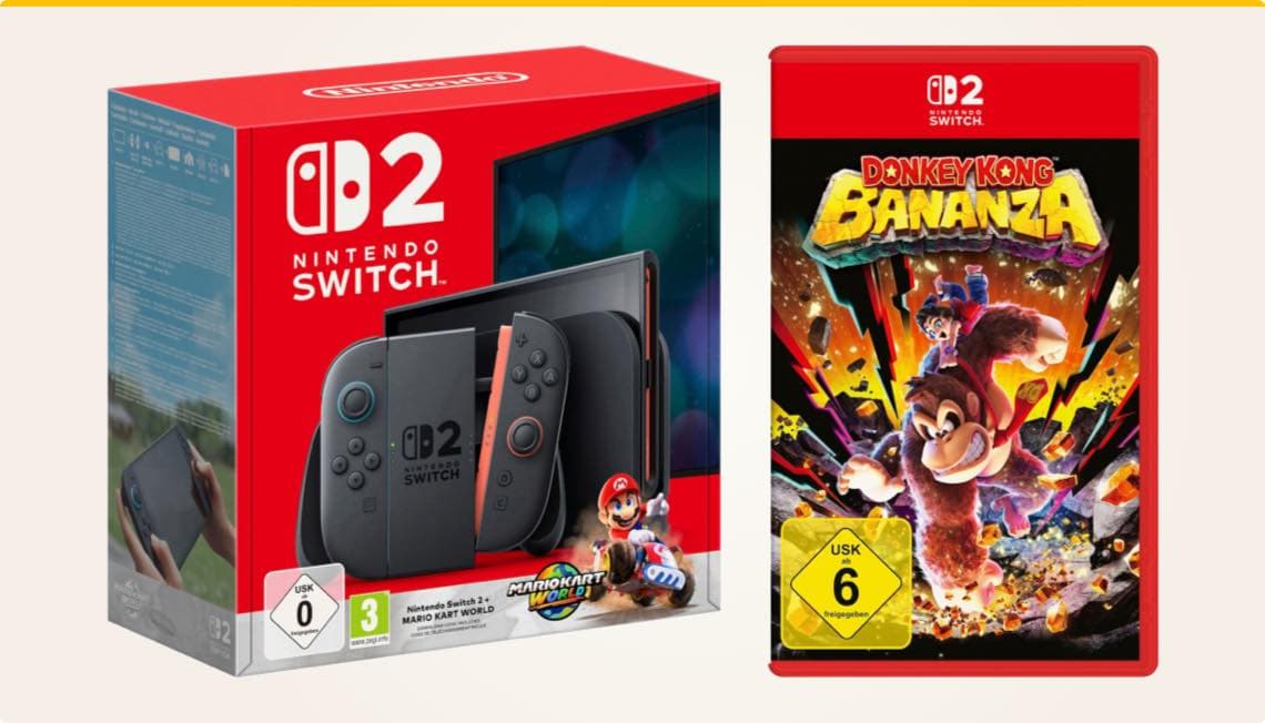 Nintendo Switch 2 Konsole mit Mario Kart World und Donkey Kong Bananza Spiel in Verpackung
