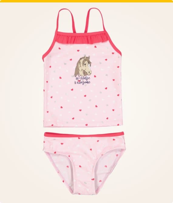 Rosa Kinder-Tankini mit Pferdemotiv und Herzchenmuster, Aufschrift: My horse is awesome