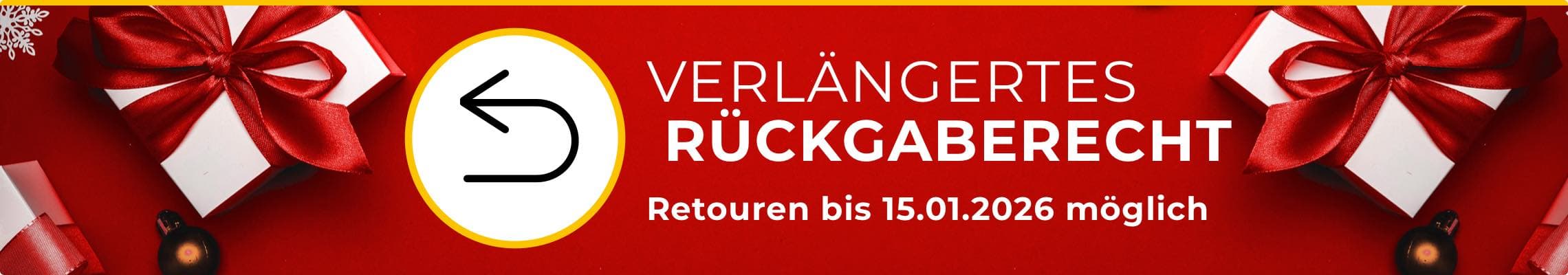 Verlängertes Rückgaberecht – Retouren bis 15.01.2026 möglich, weiße Geschenke mit roten Schleifen auf rotem Hintergrund