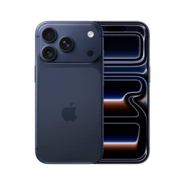 iPhone 14 – Vorder- und Rückseite des Smartphones in Dunkelblau mit drei Kameralinsen auf der Rückseite und leuchtendem Display