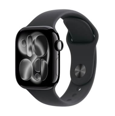 Schwarze Smartwatch mit rundem Zifferblatt und mattem Armband, Bildschirm zeigt abstrakte Formen in Grau und Silber