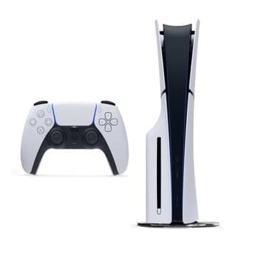 Spielkonsole und Controller in weiß und schwarz, nebeneinander stehend.