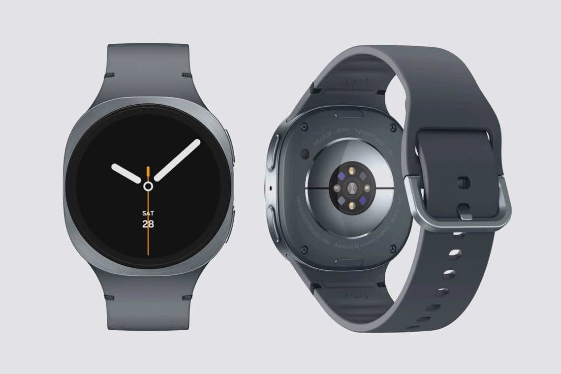 Moderne Smartwatch in Grau, Vorder- und Rückseiteansicht mit Display und Sensoren.