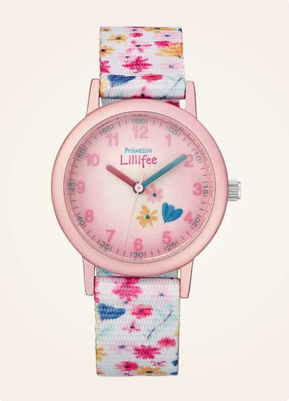 Prinzessin Lillifee Kinderuhr mit rosa Zifferblatt, Blumenmotiven und buntem Armband