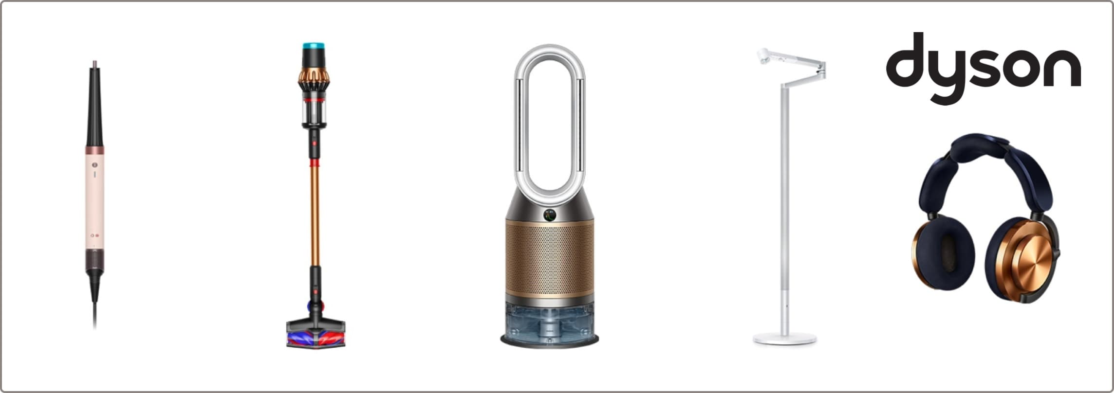 Dyson – Haarstyler, kabelloser Staubsauger, Luftreiniger, Stehleuchte und Kopfhörer in einer Reihe.