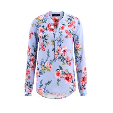 Langärmlige Bluse mit buntem Blumenmuster auf hellblauem Hintergrund