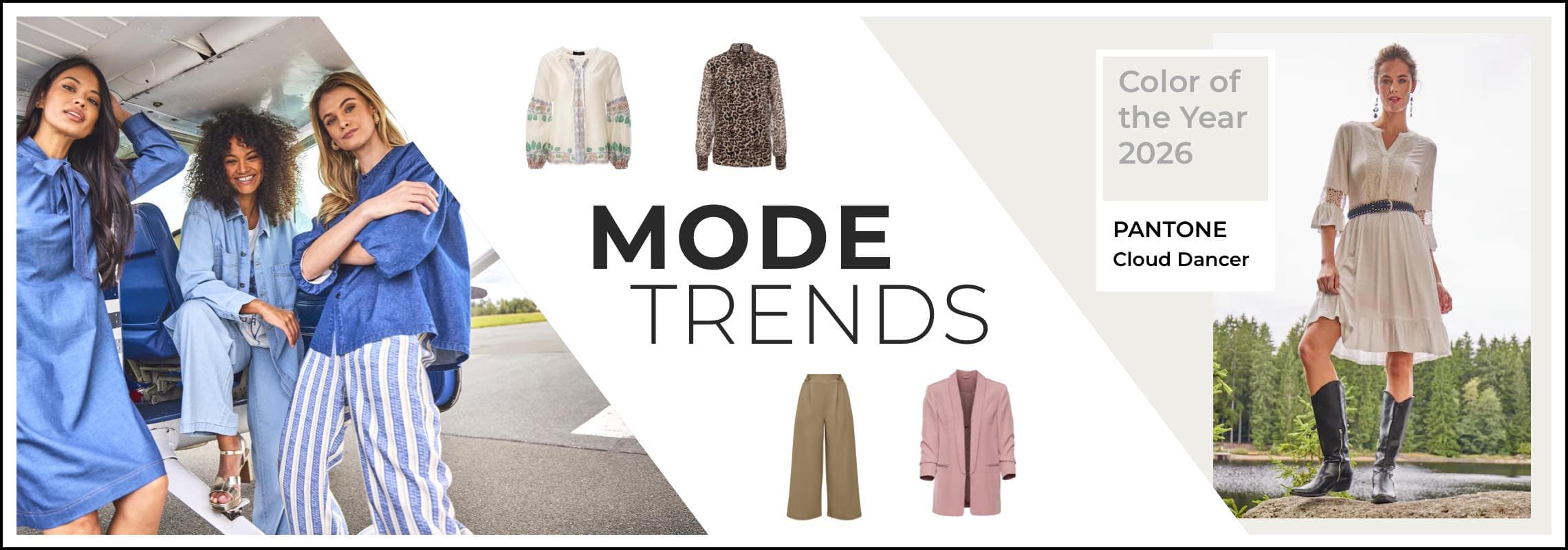 Mode Trends – Frauen in Jeanskleidung, daneben Kleidungsstücke und Pantone-Farbe des Jahres 2026: Cloud Dancer