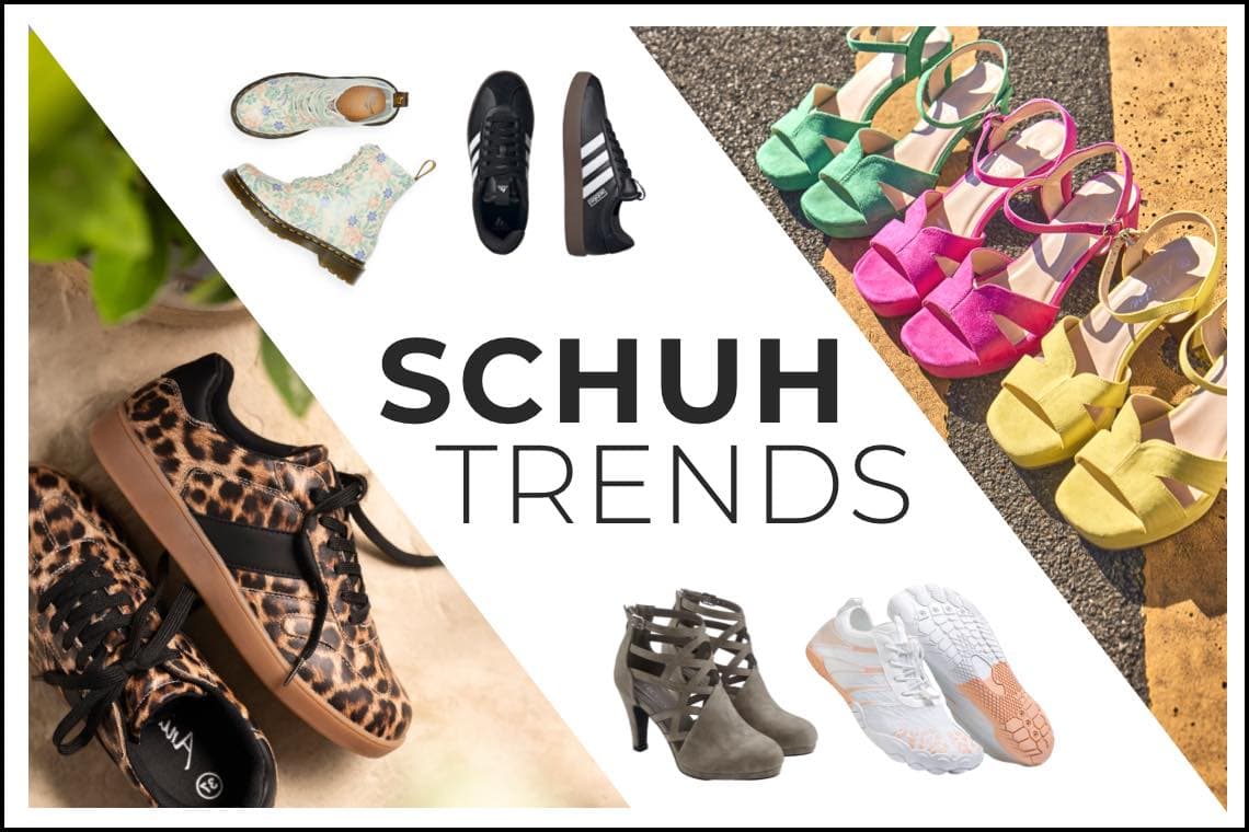 Schuh Trends – Verschiedene Schuhe, darunter bunte Sandalen, Sneaker und Stiefeletten, auf weißem Hintergrund.