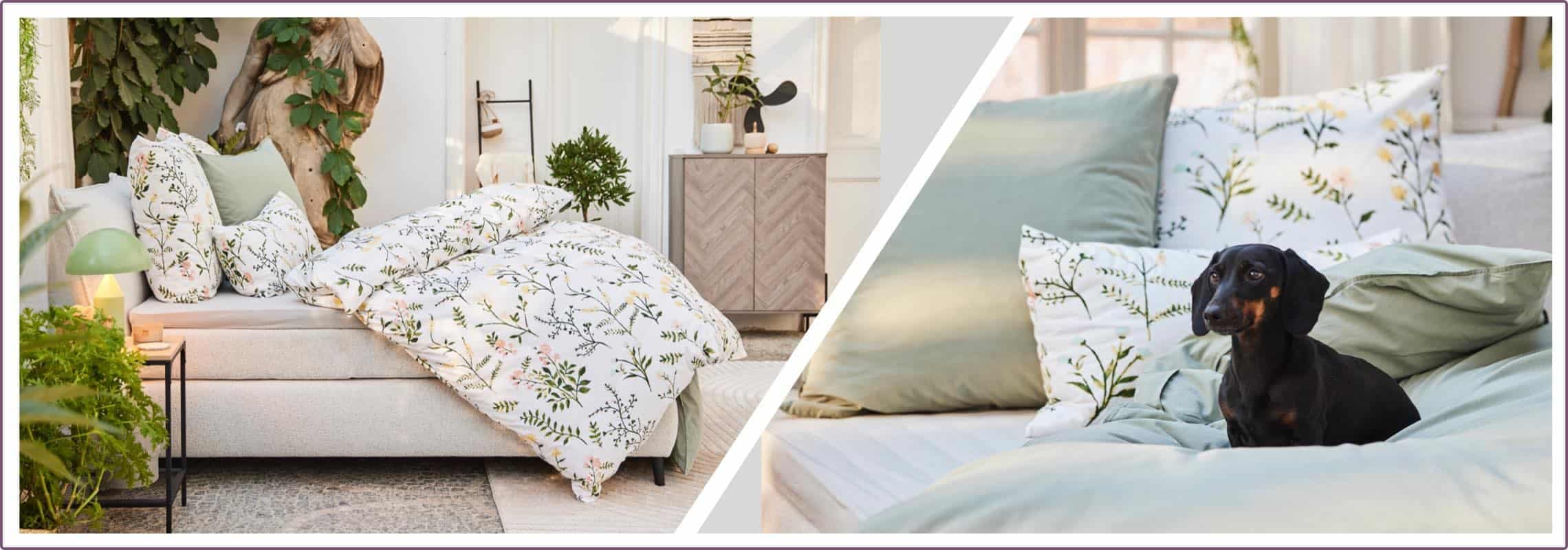 Bett mit blumiger Bettwäsche und grünen Kissen, daneben ein Hund auf dem Bett liegend.