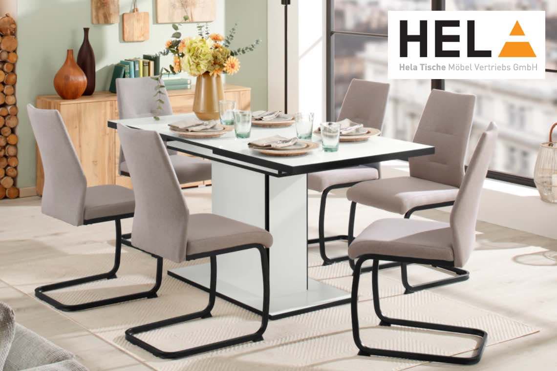 Hela Tische Möbel Vertriebs GmbH – Essgruppe mit weißem Tisch und sechs grauen Stühlen in modernem Esszimmer