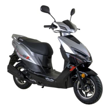 Moderner silberner Motorroller mit schwarzem Sitz und sportlichem Design.