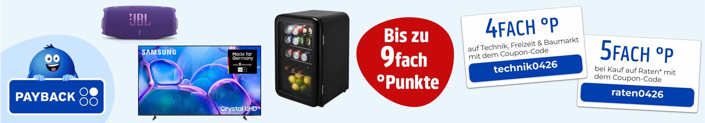 Bis zu 9fach PAYBACK Punkte – JBL Lautsprecher, Samsung Fernseher, schwarzer Minikühlschrank und zwei Couponkarten