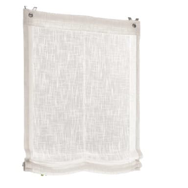 Hellgrauer, halbtransparenter Vorhang mit Schlaufen zur Befestigung.