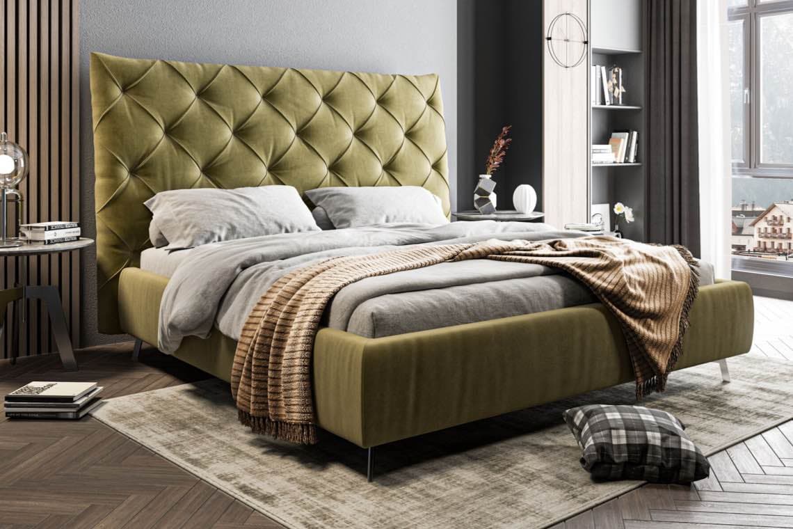 Modernes Schlafzimmer mit grünem Polsterbett, grauer Bettwäsche und brauner Decke. Nachttisch und Kissen auf dem Boden.