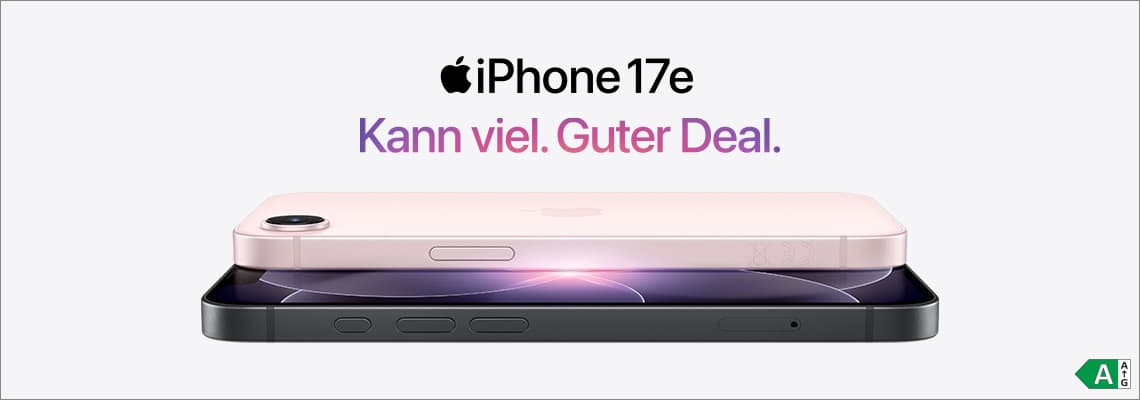 iPhone 17e Kann viel. Guter Deal. Zwei iPhones übereinander liegend, eines rosa, das andere schwarz.