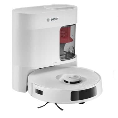 Weißer Bosch-Saugroboter mit Ladestation und Staubbehälter.