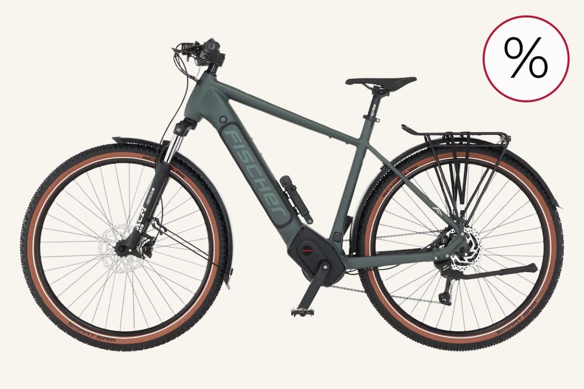 Prozentzeichen – E-Bike von Fischer in dunklem Grün, seitlich fotografiert, mit Gepäckträger und breiten Reifen.