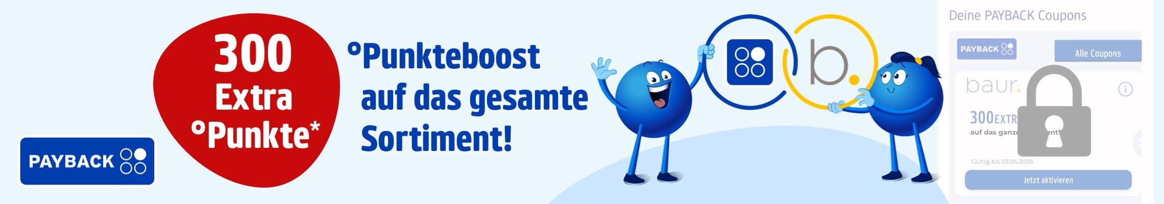 300 Extra °Punkte* Punkteboost auf das gesamte Sortiment – Payback-Maskottchen freuen sich vor Payback-Coupon