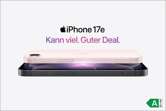 Kann viel. Guter Deal. – iPhone 17e, zwei flache Smartphones übereinander vor hellem Hintergrund