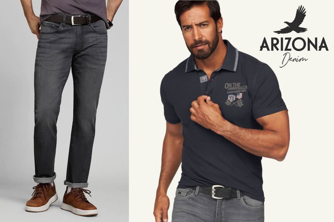 Arizona Denim – Mann in grauer Jeans und dunkelblauem Poloshirt mit Aufdruck "On the Track" und Adler-Logo.