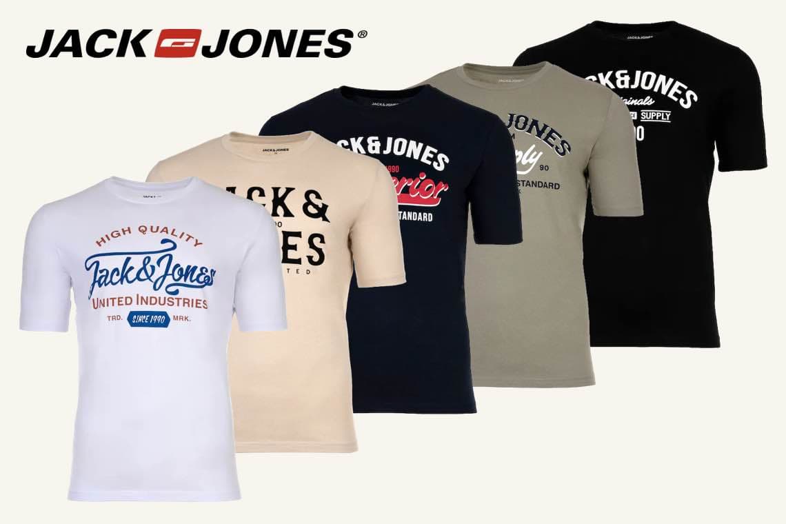 Jack & Jones – Fünf T-Shirts in verschiedenen Farben und Designs mit Jack & Jones Logo.