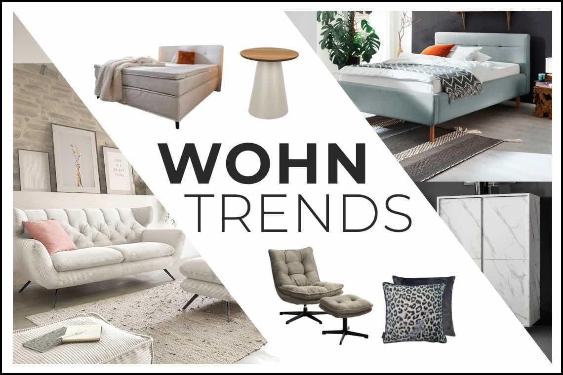 WOHN TRENDS – Verschiedene moderne Möbelstücke, darunter Sofas, Sessel, Betten, Beistelltische und Kissen.