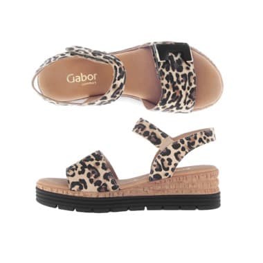 Leopardenmuster-Sandalen mit schwarzer Sohle und Klettverschluss, Seiten- und Oberansicht.