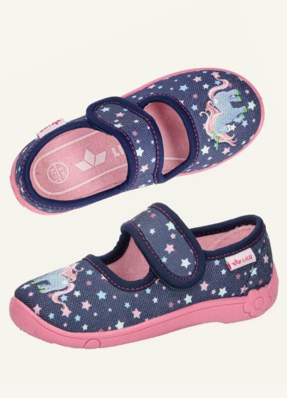 Kinderhausschuhe in Dunkelblau mit Einhornmotiv und Sternen, rosa Sohle und Klettverschluss