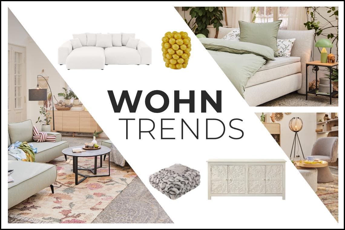 WOHN TRENDS – Collage mit Sofa, Bett, Wohnwand, Teppich, Decke, Sideboard und Dekoration in hellen Naturtönen