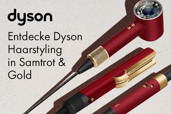 Entdecke Dyson Haarstyling in Samtrot & Gold – roter Haartrockner und Glätteisen mit goldenen Akzenten
