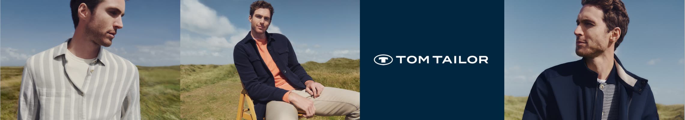 Tom Tailor – Drei Männer in verschiedenen Outdoor-Outfits vor einem landschaftlichen Hintergrund.