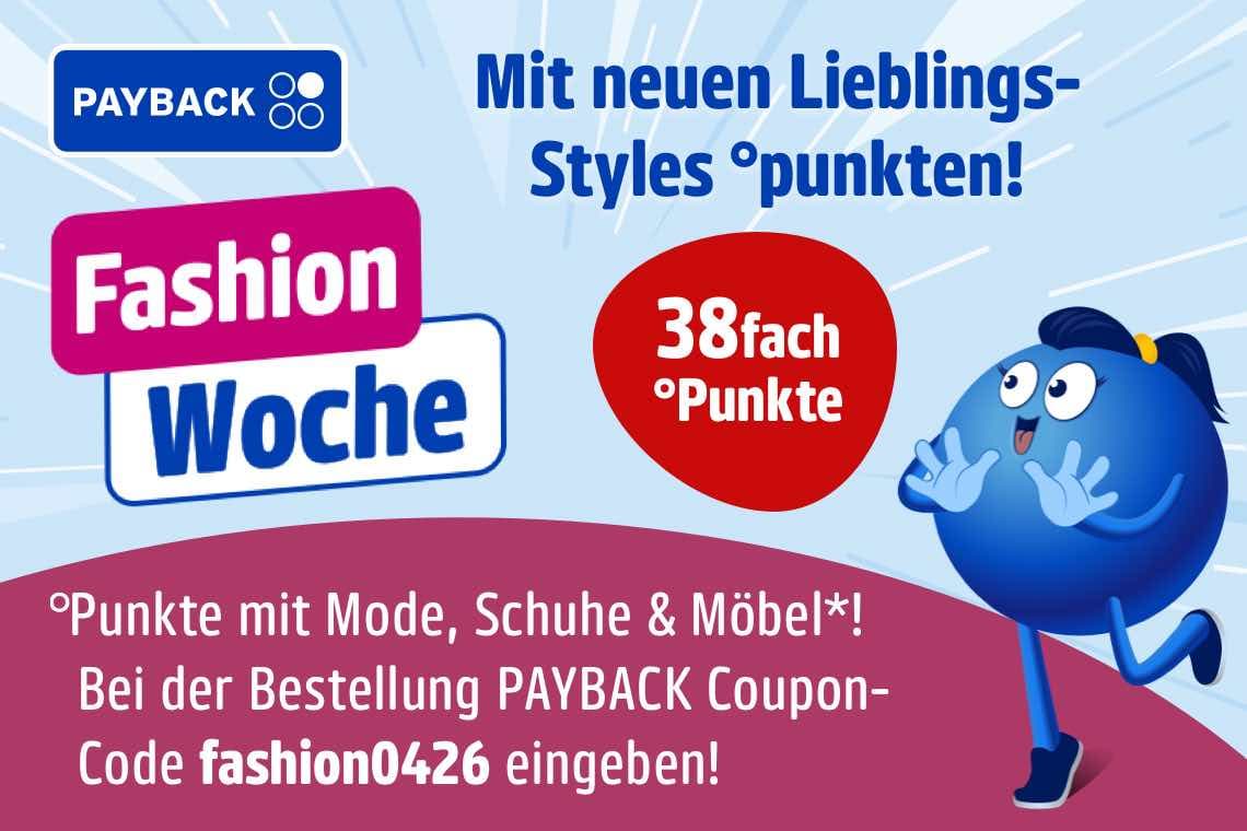 Fashion Woche – 38fach Punkte auf Mode, Schuhe und Möbel, PAYBACK Figur läuft, Code fashion0426 im Banner angezeigt