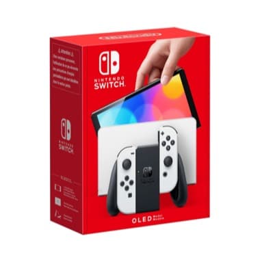 Nintendo Switch OLED – rote Verpackung mit weißer Konsole, Dock und abgenommenen Joy-Con-Controllern