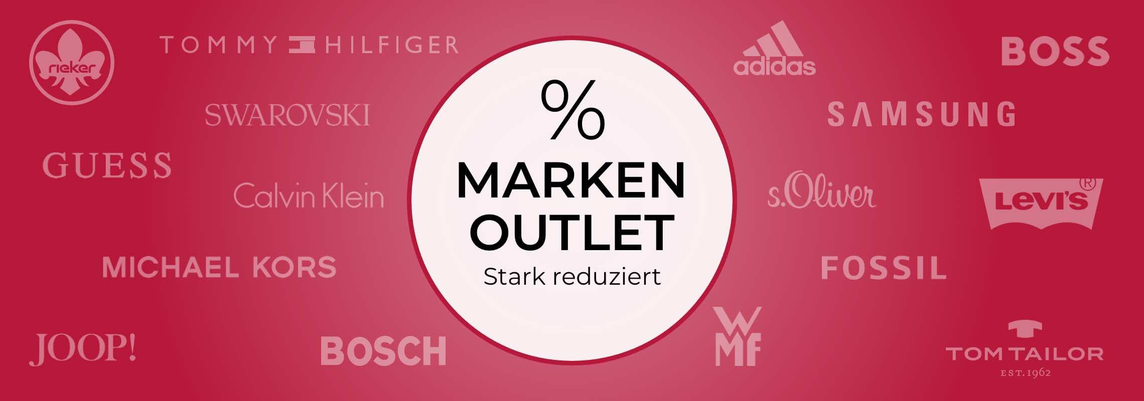 % Marken Outlet – Stark reduziert, umgeben von Logos bekannter Marken wie Adidas, Boss, Levi’s, Guess und Samsung