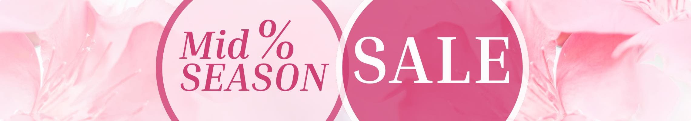 Mid Season Sale – rosa Banner mit zwei Kreisen und Blumendekor im Hintergrund