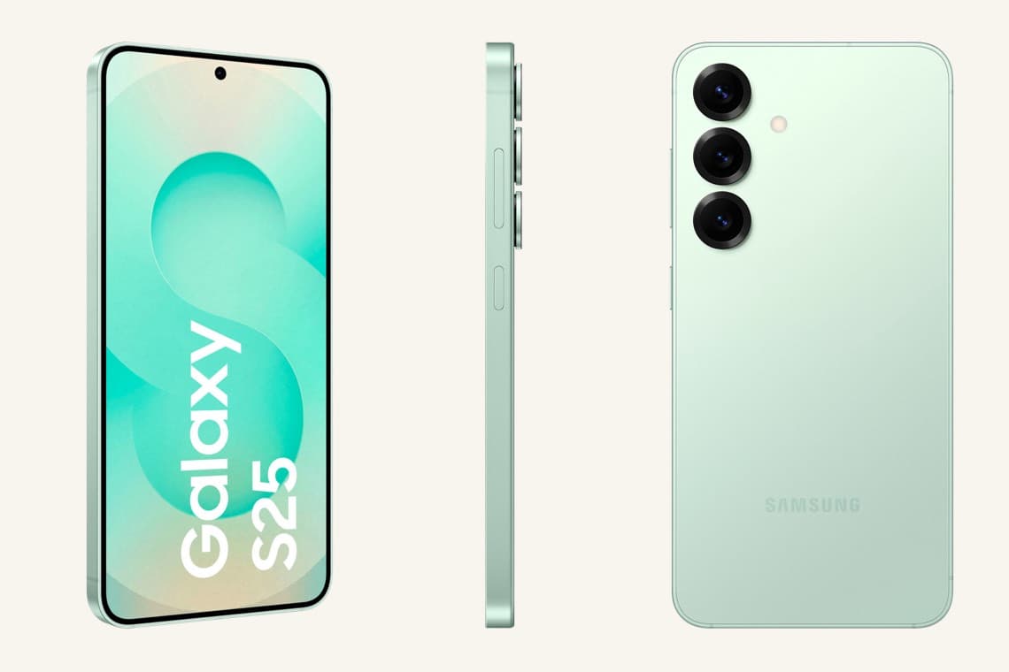 Galaxy S25 – mintgrünes Smartphone von vorne, der Seite und hinten mit drei Kameras in Reihe