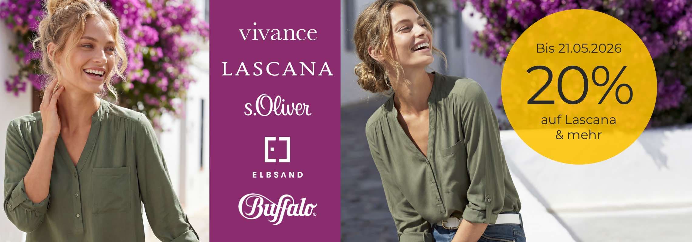 Bis 21.05.2026 20 % auf Lascana, Vivance, s.Oliver, Buffalo & Elbsand – zwei Frauen in grüner Bluse vor weißen Häusern und lila Blumen