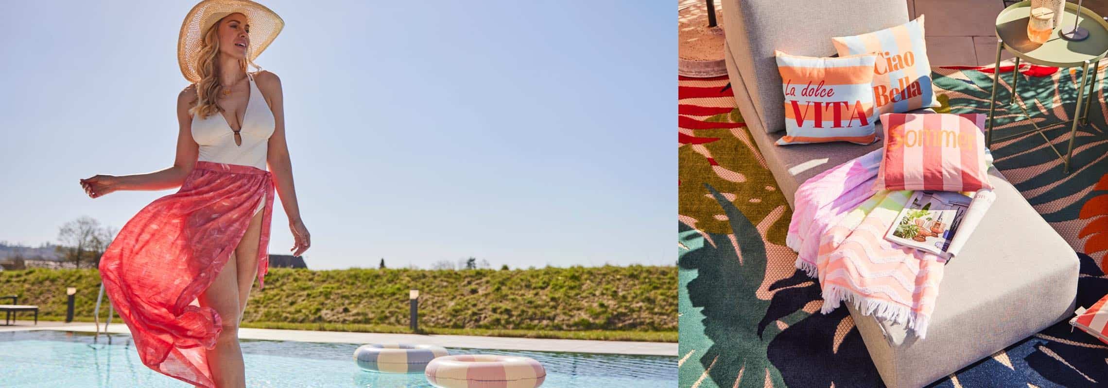 Dame in Bademode und Sonnenhut am Pool, daneben eine gemütliche Outdoor-Liege mit dekorativen Kissen in der Sonne