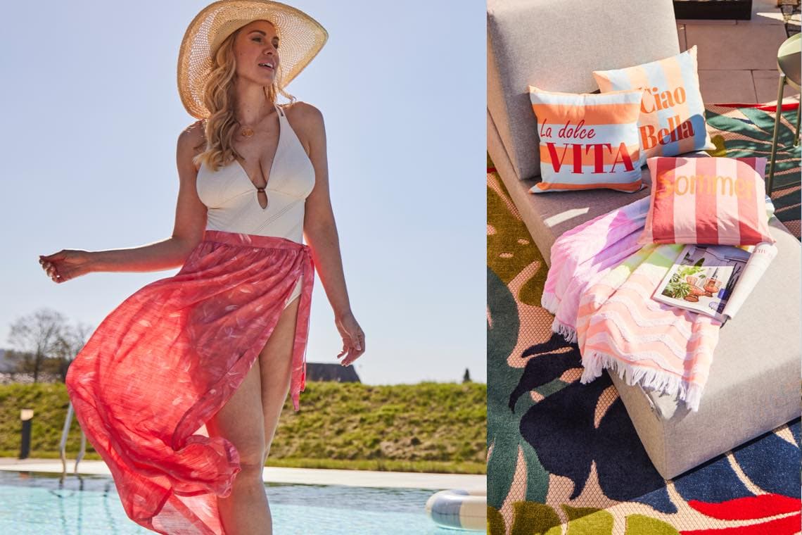 La dolce Vita, Ciao Bella, Sommer – Frau im Badeanzug mit Tuch am Pool, daneben Liege mit Kissen und Decke